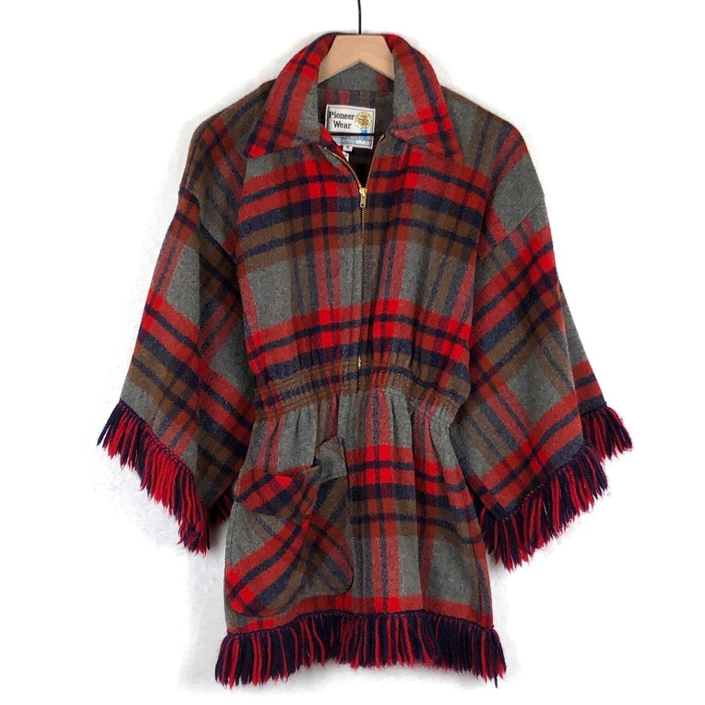 VTG PIONEER WEAR Wool Poncho Fringe Jacket Women's M Red Gray‎ Plaid Zip